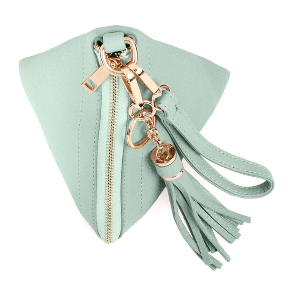 Pyramid Shaped Tassel Mint Green Wristlet Leather Bag